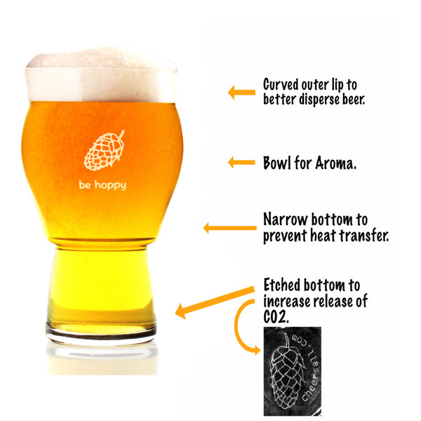 Be hoppy Beer Glass - Finally a beer glass designed for beer.  The curved upper lip helps disperse beer to all your tastebuds, the bowl increases the aroma, the narrow base prevents heat transfer and the etched bottom increases the release of Co2.